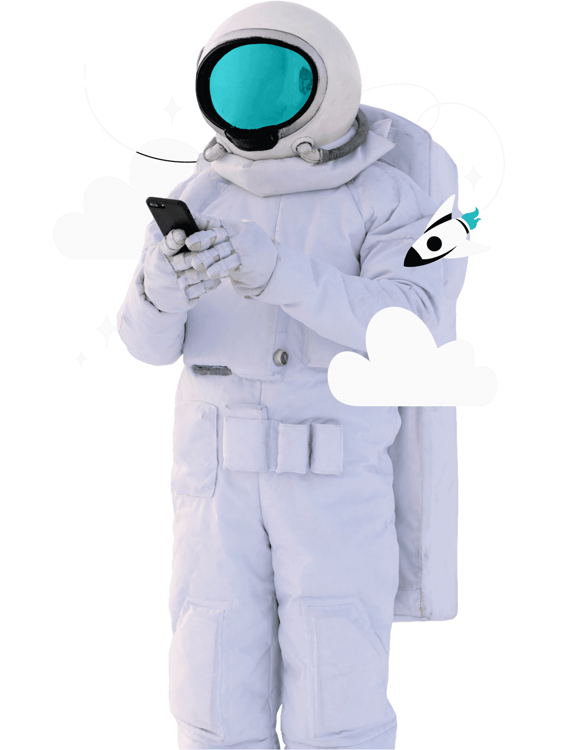 A person in an astronaut costume is using their phone.