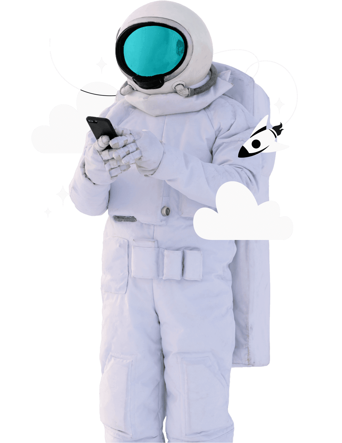 A person in an astronaut costume is using their phone.